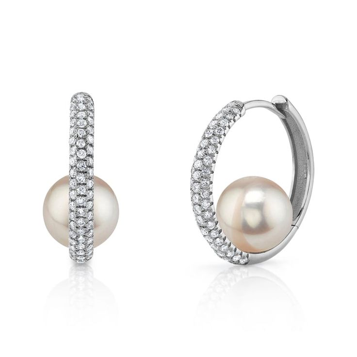 White Akoya Pearl & Diamond Hoop Lucia Earrings White Gold Hoop Pearl Earrings For Anniversary, Classic Round Pearl Huggie Earrings, Formal Pearl Drop Huggie Earrings, Formal Round Huggie Earrings With Pearl Drop, Fine Jewelry Round Pearl Earrings With Pearl Charm, Round Pearl Charm Earrings, Fine Jewelry, White Pearl Hoop Earrings For Formal Events, White Hoop Pearl Earrings For Formal Occasions, White Hoop Pearl Earrings For Formal Events