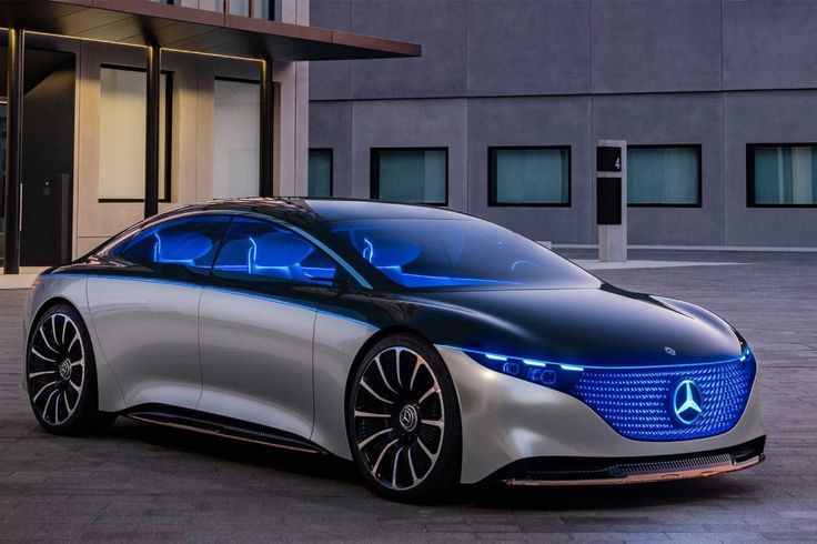 an electric car is shown in front of a building