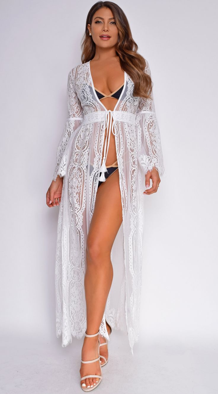 Bell sleeves Lace bodice 100% Nylon Model is wearing a size Small Lace Beach Wear, White Lace Kimono, Lace Bridal Robe, Sheer Lace Dress, Long Sleeve Mesh Dress, Maxi Kimono, Feed Insta, Skirt Coverup, Sheer Kimono