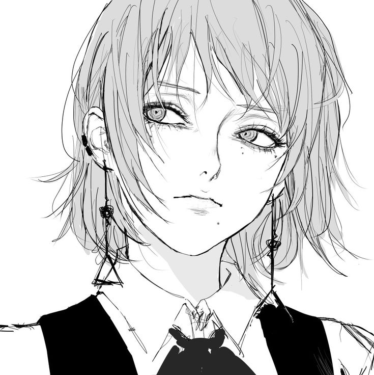 a drawing of a girl with short hair and big earrings on her head, staring at the camera