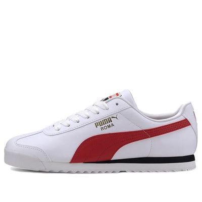 Male PUMA Roma Sports Casual Shoes 'White Red' 369571-11 (SNKR/Retro) Retro Low-top University Red Sneakers, Retro University Red Low-top Sneakers, Casual Sneakers With Red Sole For Sports, Casual White Running Shoes With Vulcanized Sole, Sporty Leather Running Shoes With Red Sole, Red Vulcanized Sole Sneakers For Sports, High-top Puma Sneakers For Jogging, Classic Low-top Puma Sneakers, Red Retro Sneakers With Rubber Sole