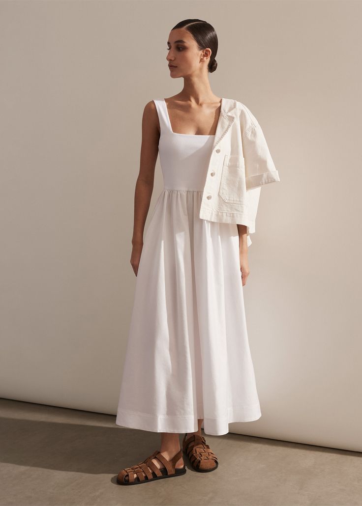 With the ease of a tank top and the polish of a cotton skirt, ME+EM's White Mixed Media Square Neck Maxi Dress is granted styling versatility and dawn-to-dusk adaptability. Shop now. Cotton Unlined Dress For Daywear, Unlined Cotton Dresses For Daywear, Cotton Dress For Daywear, Summer Cotton Midi Dress Unlined, Cotton Maxi Dress With Relaxed Fit, Unlined, Relaxed Fit Cotton Maxi Dress Unlined, Chic Relaxed Fit Cotton Maxi Dress, Cotton Sleeveless Dress With Relaxed Skirt, Cotton Unlined Midi Dress For Daywear