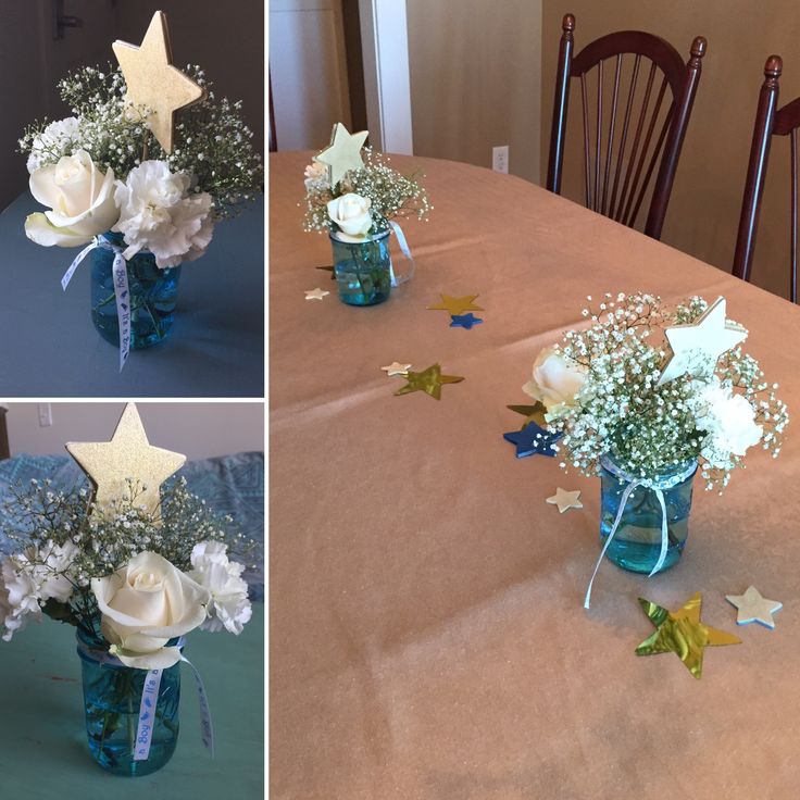 three pictures of flowers in vases with stars on the table and one has white roses