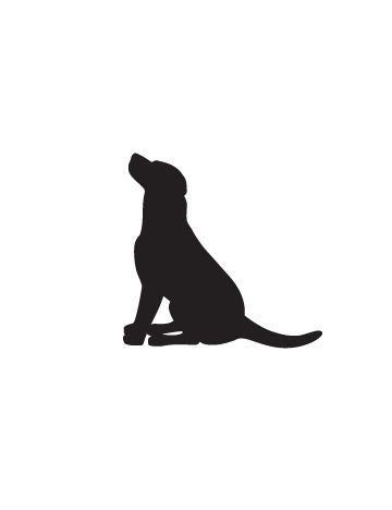 a black and white silhouette of a dog sitting on its hind legs looking up at the sky