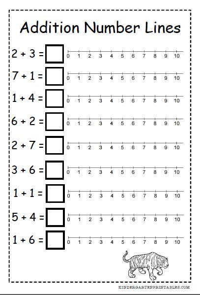 the addition number lines worksheet for numbers 1 to 10 with an image of a tiger