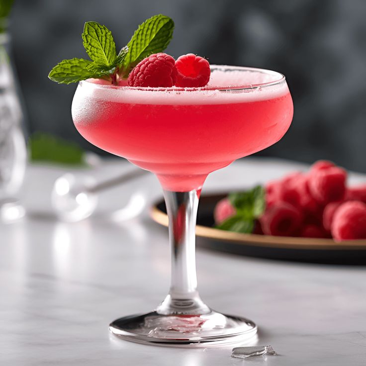 a close up of a drink on a table with raspberries