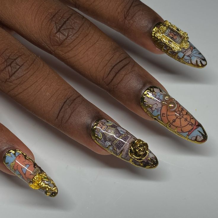 golden tarot freestyle ✨🔱⚜️ made with @cocoa.isms nail wraps. The quality is so amazing these laid down so easily. thanks for giving me a chance to try these out 🩷⚜️ #nailartist #goldnails #brooklynnails #brooklynnailtech #nailartist Tarot Nails, Freestyle Nails, Deco Nails, Art Deco Nails, Gold Nails, Nail Wraps, Nail Artist, Nail Tech, Cocoa