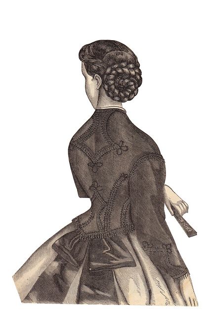 1867 Godey lady - free to use by ms.bailey, via Flickr 19th Century Hairstyles, 19th Century Hair, Era Dresses, Historical Hairstyles, Vintage Hairstyle, Brass Hair Pin, Period Fashion, 1860 Fashion, Victorian Hairstyles