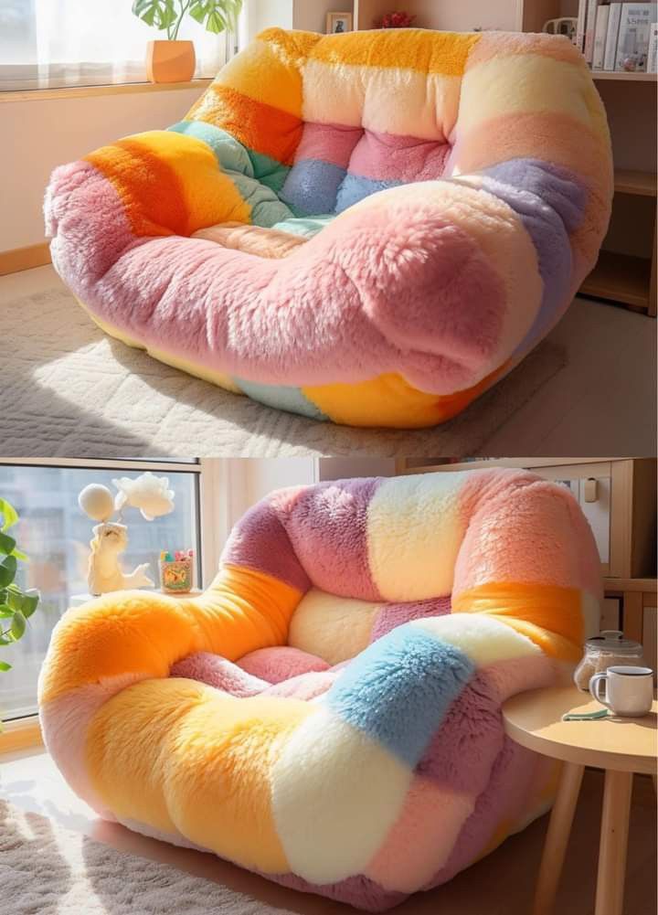 two pictures of the same chair with different colors on it, and one has a rainbow colored