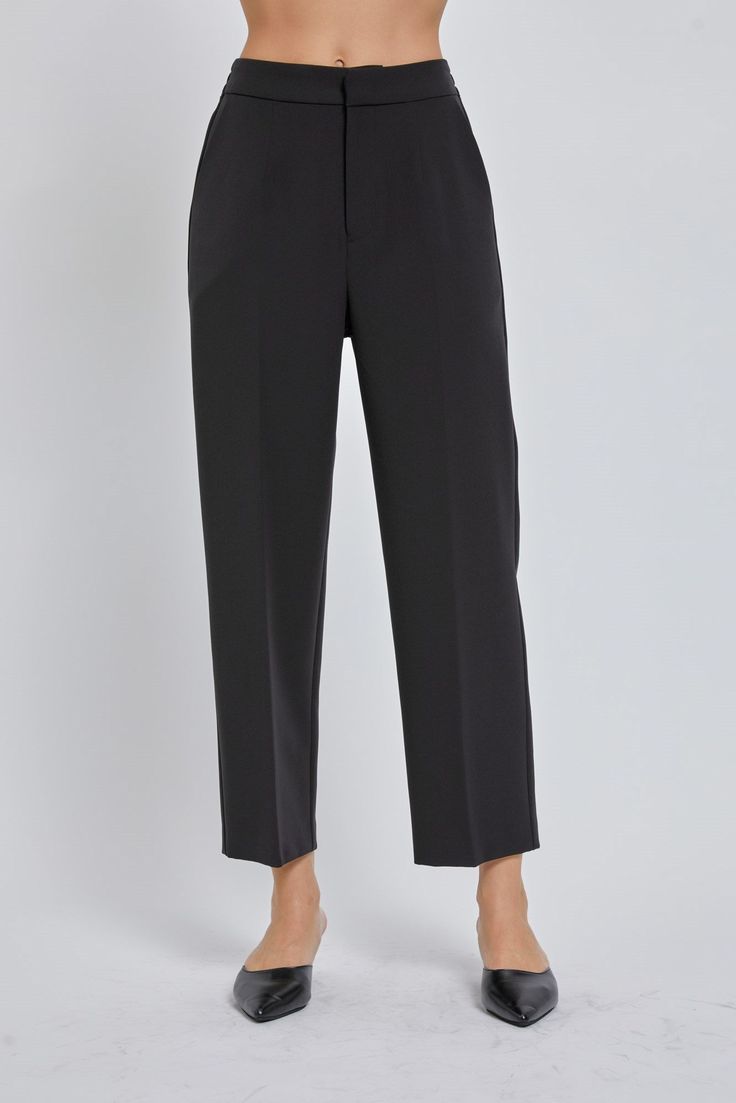 Description: High rise straight leg dress pant Material: 95% Polyester 5% Spandex Stretch Ankle-length Dress Pants For Semi-formal Occasions, Stretch High-waisted Pants For Business, Spring Business Elastane Pants, Spring Business Pants In Elastane, Spring Business Pants Made Of Elastane, Business Casual Straight Pants In Elastane, Business Casual Straight Elastane Pants, Business Straight Pants With Elastane, Business Straight Leg Elastane Pants