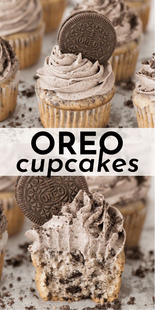 oreo cupcakes with chocolate frosting and oreos on top