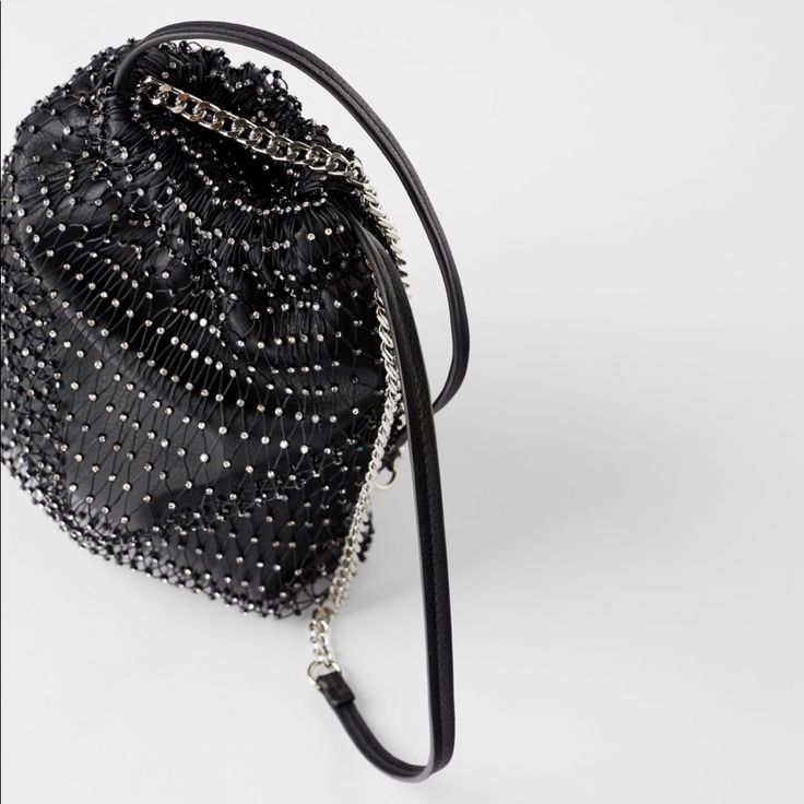 Bucket Bag Very Sparkly Black Bucket Bag, Black Bucket, Zara Bags, Beaded Bags, Arm Candy, Zara Black, Drawstring Backpack, Mini Bag, Fashion Backpack