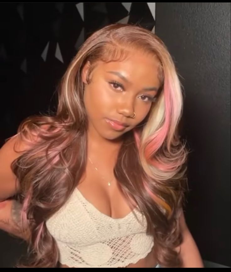 Brown And Pink Highlights Wig, Pink Brown Blonde Wig, Pink And Brown Frontal Wig, Pink And Brown Wigs For Black Women, Brown And Pink Hair Wig, Pink And Blonde Wigs For Black Women, Brown And Pink Sew In, Pink And Brown Quick Weave, Lace Front With Pink Highlights