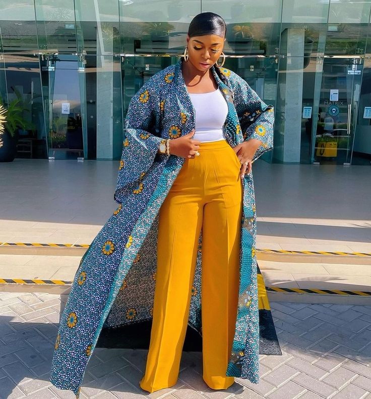 Mustard Pants, African Chic, Mode Kimono, Glam Outfit, Stylish Work Attire, African Fashion Modern, African Inspired Fashion, African Print Fashion Dresses, Classy Casual Outfits