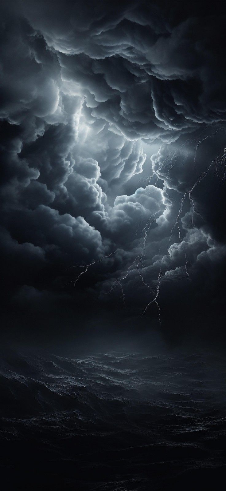 a black and white photo of storm clouds over the ocean with lightning striking in the distance