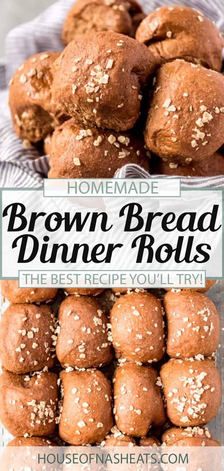 brown bread rolls in a glass dish with sesame seeds on top and text overlay reading homemade brown bread dinner rolls the best recipe you'll try