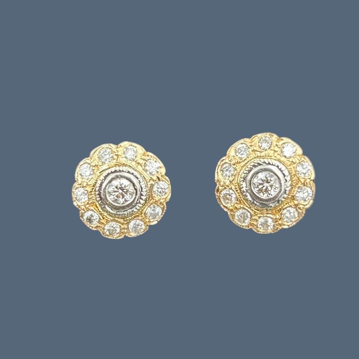 RESERVED These diamond cluster earrings have a lot of fine detail in the combination of a white gold center with a bezel set round diamond, surrounded by a yellow gold scalloped ring of round bead set diamonds  Earrings are unmarked but tested at over 14k, being sold as 14k as they are not quite 18k. Center of mounting is white gold with outer ring of diamonds set in yellow gold. Posts are screw style with the appropriate backs. Many screw type posts are fairly thick and hard to wear, but not th Classic Gold Cluster Earrings With Single Cut Diamonds, Gold Cluster Earrings With Rose Cut Diamonds, Gold Heirloom Diamond Earrings, Heirloom Gold Diamond Round Earrings, Round Yellow Gold Cluster Earrings With Single Cut Diamonds, Heirloom Gold Diamond Earrings, Exquisite Yellow Gold Round Diamond Earrings, Exquisite Yellow Gold Diamond Earrings, Round Rose Cut Diamond Cluster Earrings For Anniversary