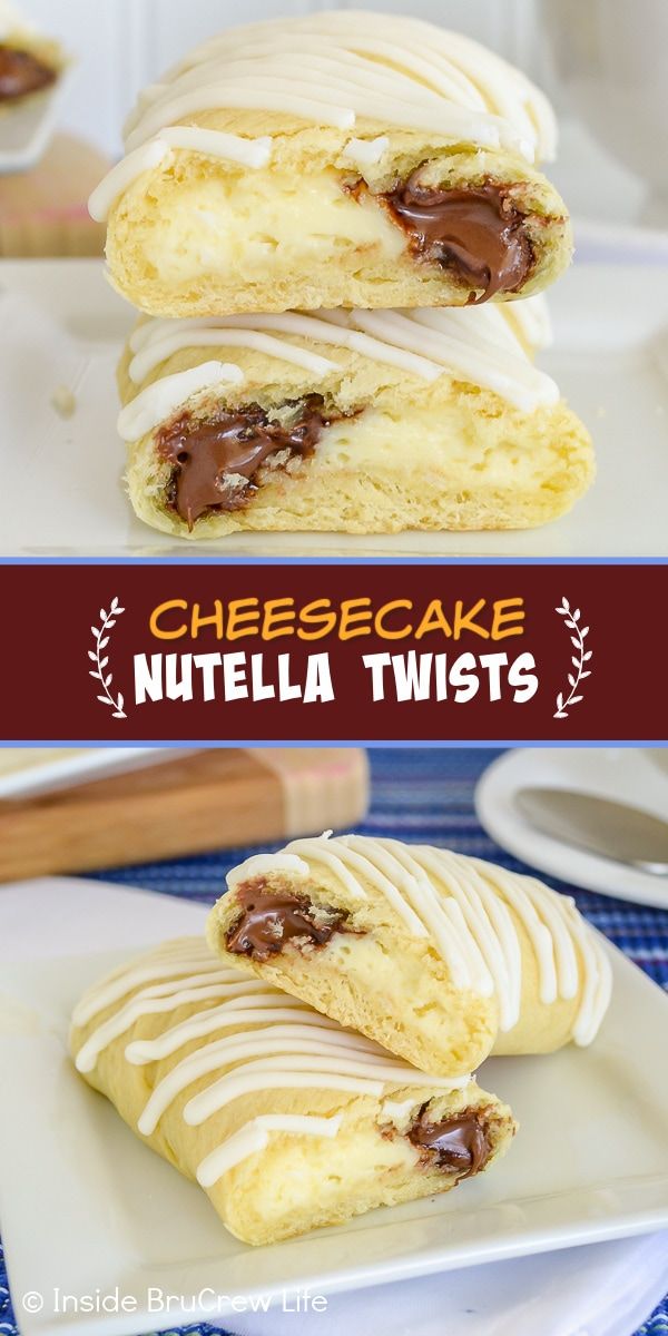 cheesecake nutella twists are stacked on top of each other, with chocolate filling