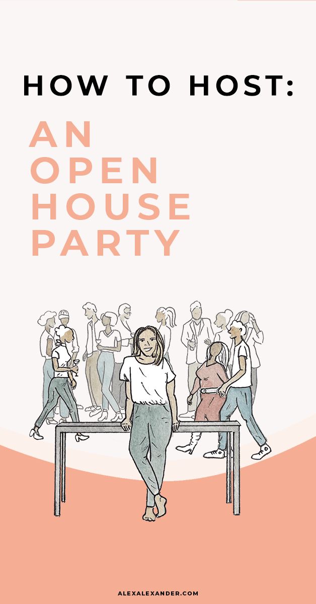 an open house party with people sitting at a table and the words how to host