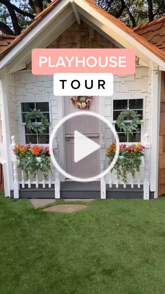 a small house with flowers in the window boxes and text that reads playhouse tour