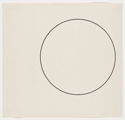 a black and white drawing of a circle in the middle of an empty square with one line going through it