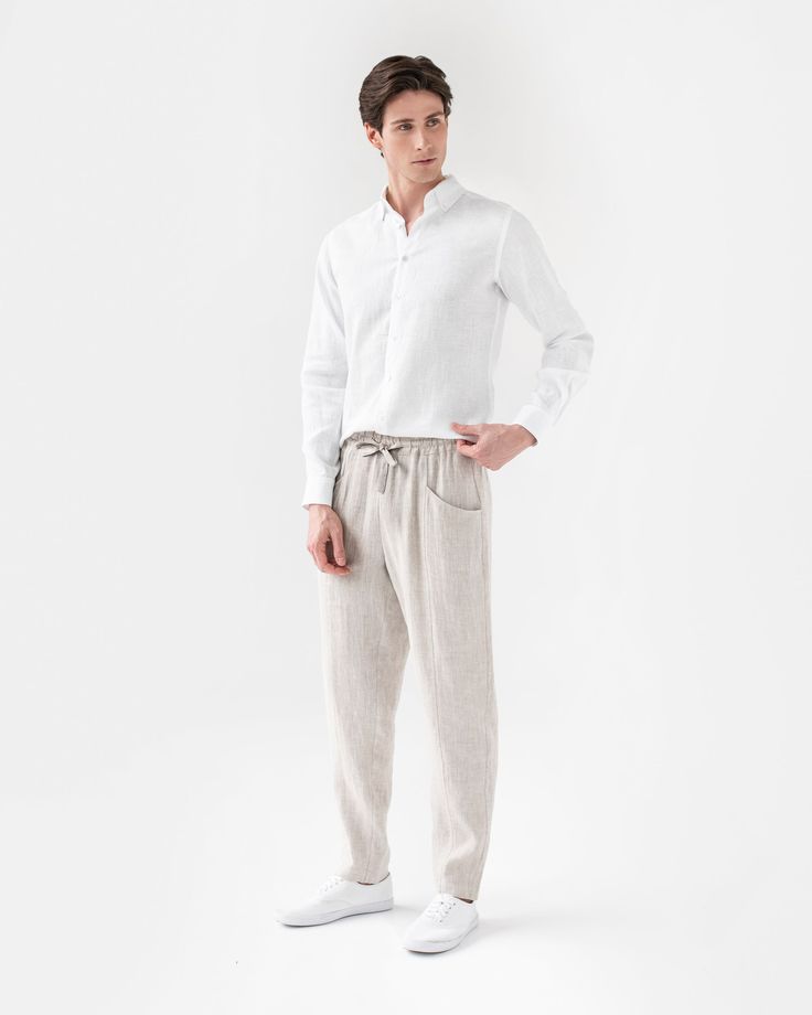 Summer outfits made easy. Our linen pants TRUCKEE with cargo pockets and elasticated waist adjustable by drawstrings are a starting piece that helps create the best summer outfits. Style it with a loose fit linen shirt, a tucked in t-shirt, cozy it up adding a sweater – all is possible. Linen pants come in three colors – white, natural mélange, cinnamon – the more colors you have, the more styling possibilities you unlock. • Elasticated waist with drawstrings • Cargo pockets Please note that due Casual Linen Sweatpants With Pockets, Summer Linen Cargo Pants With Tapered Leg, Elastic Waistband Linen Cargo Pants, Linen Cargo Pants With Elastic Waistband, Linen Cargo Pants With Side Pockets, Ankle-length, Ankle-length Linen Cargo Pants With Side Pockets, Linen Ankle-length Cargo Pants With Side Pockets, Relaxed Fit Linen Cargo Pants Ankle-length, Linen Ankle-length Cargo Pants