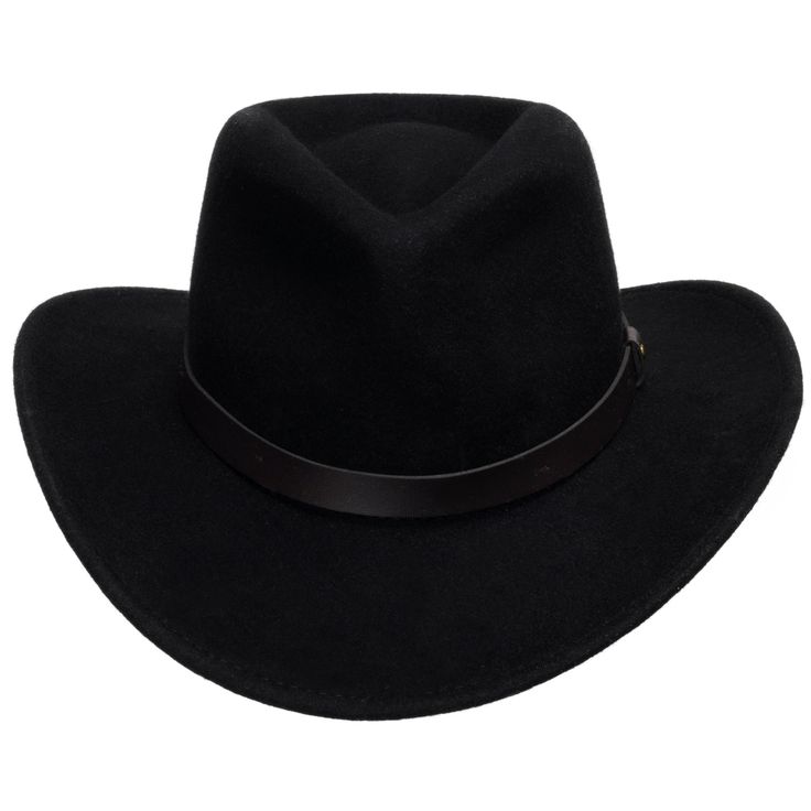 This genuine wool felt hat is trimmed with a genuine leather band. Packable, lightweight with water repellent. It's rugged enough to be folded, stuffed, and then shaken back into its original shape. (Happens to the best of us.) You can wear it with anything - shorts, jeans, formal or informal occasions, and even a business suit. Made in the USA. Material: 100% WoolBrim: 3"Crown: 4 3/8" teardropHatband: 3/4" leatherClimate: Cold Hand-finished in the US. Classic Winter Hat Bands For Travel, Winter Wool Hat Bands For Outdoor, Classic Winter Travel Felt Hat, Wool Hat Bands For Outdoor Winter, Black Fedora For Outdoor Winter Events, Black Winter Fedora For Outdoor, Western Black Felt Hat For Outdoor, Black Winter Hat For Ranch, Black Winter Fedora For Outdoor Wear