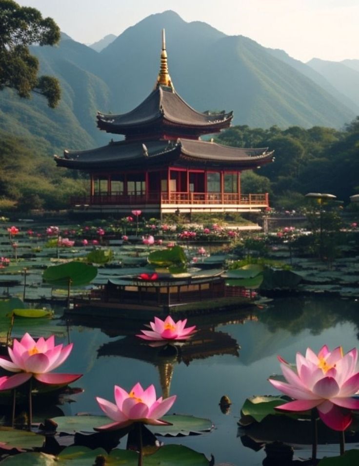 the pagoda is surrounded by lily pads and mountains