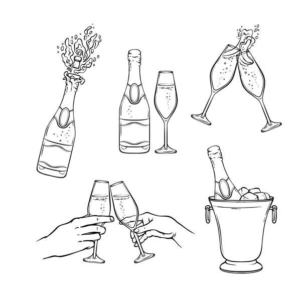 hand holding wine glasses and bottles with flowers in buckets on white background, line art