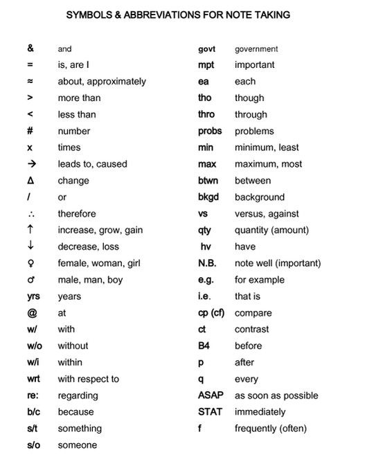 symbols and abbreviations for note taking