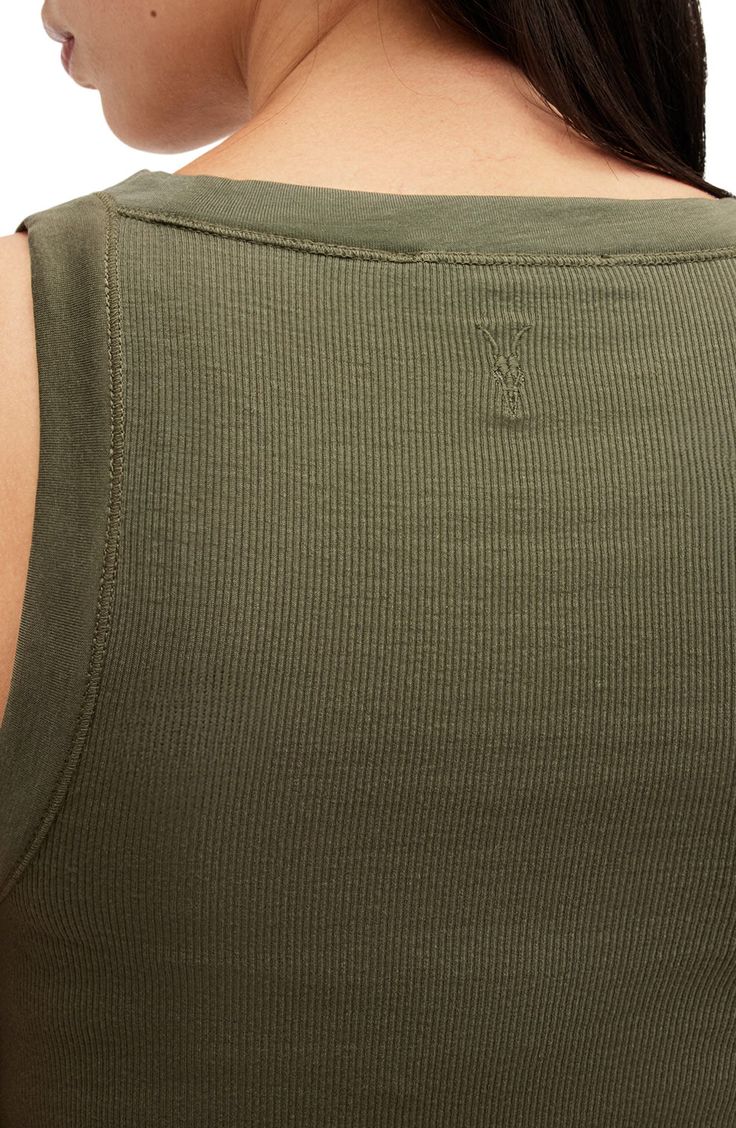 This ultracool stretch-kissed tank with allover ribbing is designed in a cropped silhouette for the perfect blend of edge and ease. Crewneck 97% lyocell, 3% elastane Dry clean Made in Turkey Allsaints Fitted Tops For Spring, All Saints, Crop Tank, Dry Clean, Nordstrom, Green