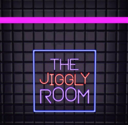 the juggly room neon sign in front of a black wall with pink and blue lines