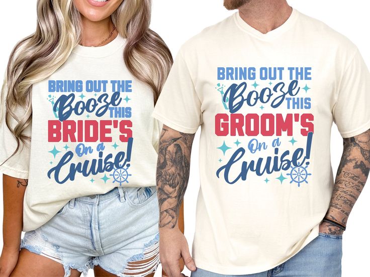 Set sail on your honeymoon in style with our matching couple's cruise shirts, featuring a fun nautical twist on the bride's shirt that says, "bring out the booze this bride's on a cruise," and the groom's shirt with the same playful slogan. With short sleeves and classic crewnecks, these shirts are the perfect gift for the newlyweds, adding a memorable touch to their honeymoon and making them the ideal matching shirts for a wedding getaway. COMFORT COLORS 1717 SHIRT: Unisex 100% US cotton - ethi Cruise Wedding Ideas, Cruise T Shirts, Cruise Ship Wedding, Bride Bachelorette Shirts, Wedding Getaway, Couple Cruise, Wedding Cruise, Bachelorette Cruise, Cruise Gifts