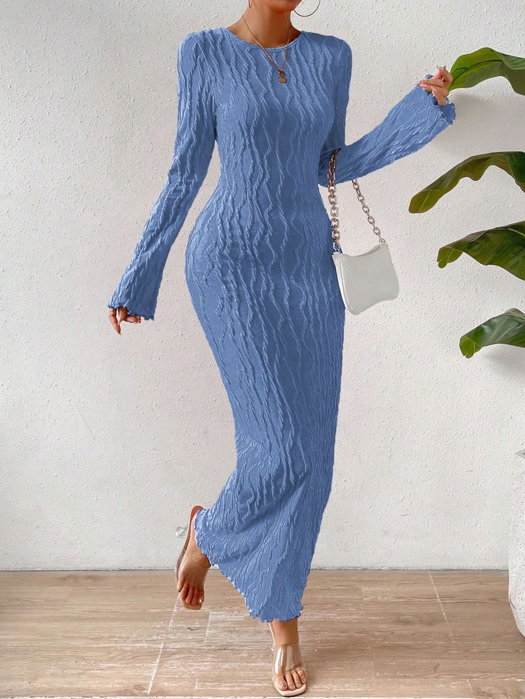 Women's Long Sleeve Bodycon Dress Maxi Women Outfit Blue Elegant  Long Sleeve Knitted Fabric Plain Bodycon Slight Stretch  Women Clothing, size features are:Bust: ,Length: ,Sleeve Length: Prints Fashion, Blue Bodycon Dress, Long Bodycon Dress, Sleeve Bodycon Dress, Bodycon Fashion, Birthday Pictures, Summer Prints, Women Maxi, Women Long Dresses