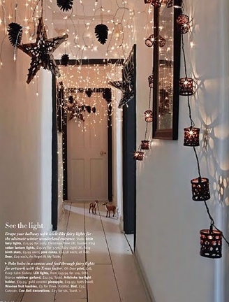 the hallway is decorated with lights and decorations