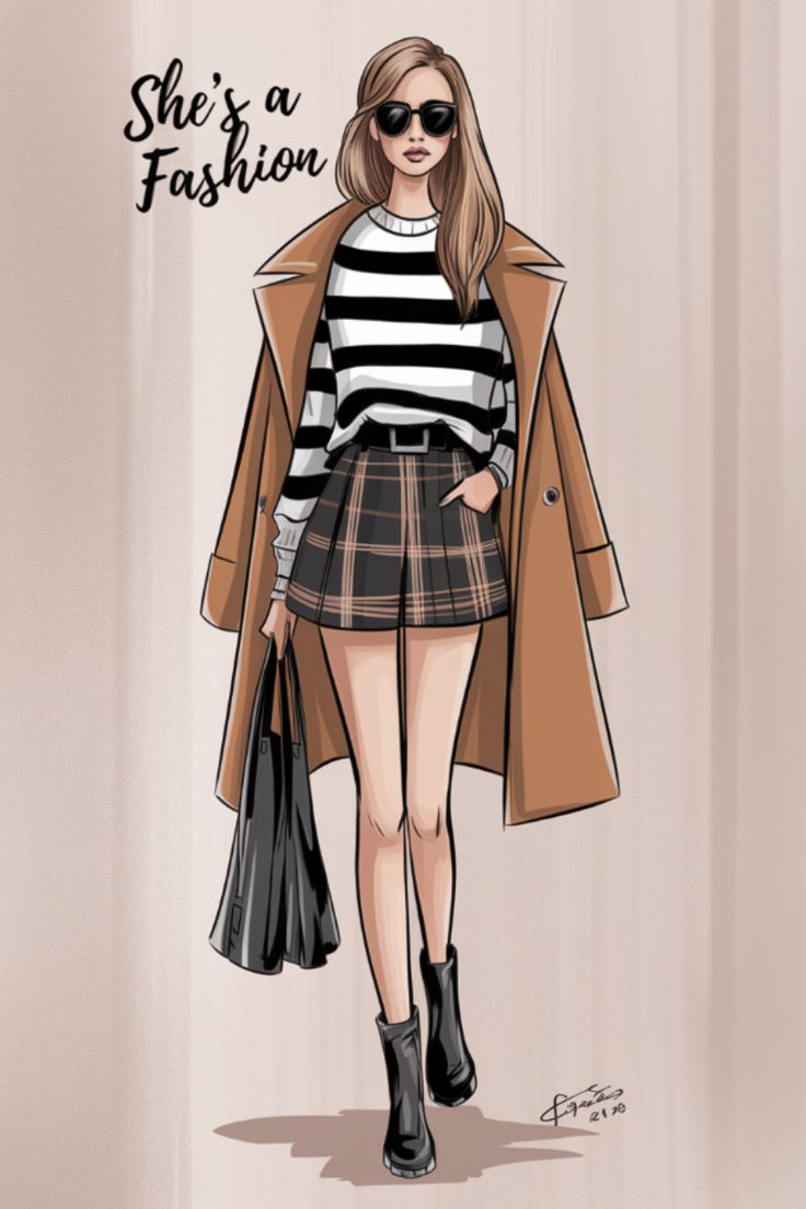 a drawing of a woman in a skirt and trench coat, with the words she's a fashion on it