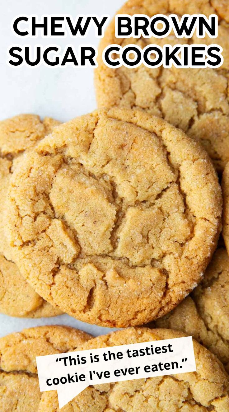 chewy brown sugar cookies are stacked on top of each other with the words, this is the fastest cookie i've ever eaten