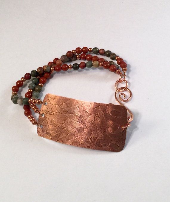 Copper Cuff with Beaded Bracelet by BluePeacockJewelry on Etsy Hand Wrapped Copper Bracelets In Brown, Handmade Rustic Copper Cuff Bracelet, Nickel-free Bohemian Copper Bracelets, 100% Copper Braclet, Artisan Silver-colored Copper Cuff Bracelet, Peacock Jewelry, Metal Etching, Copper Cuff, Copper Rings