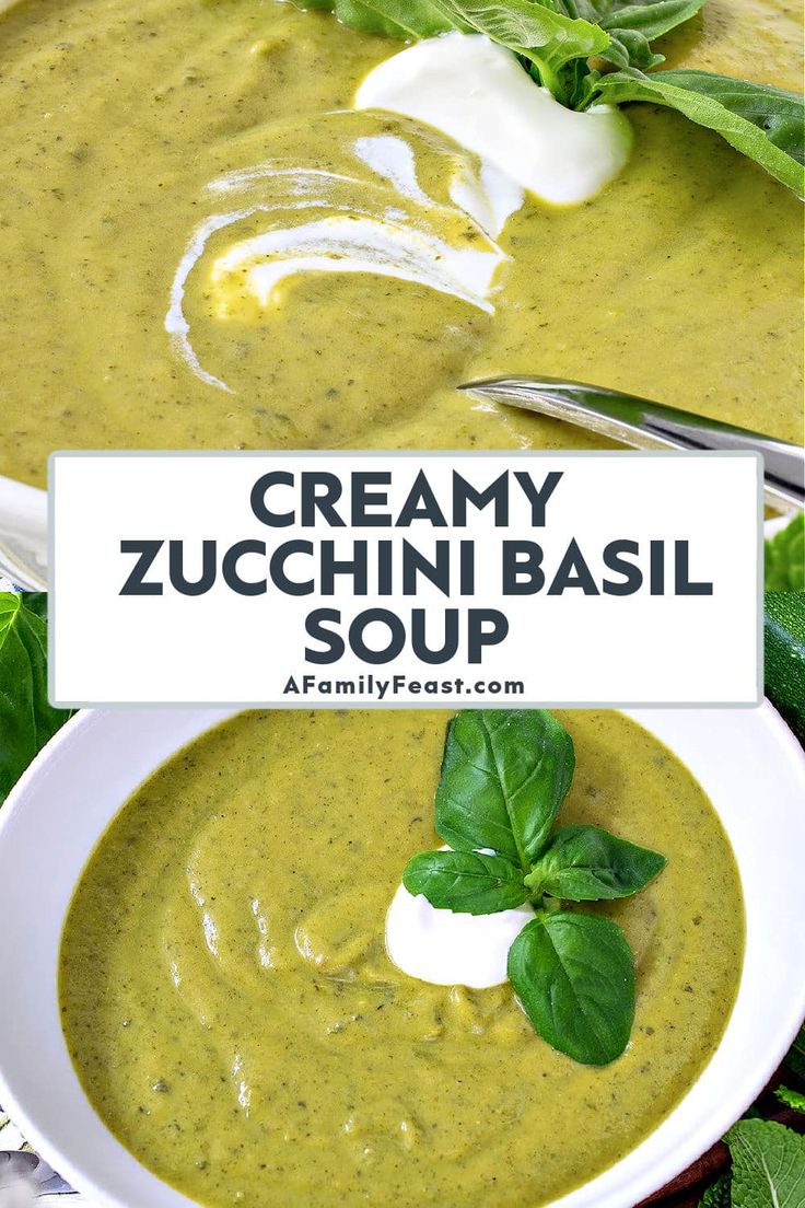 creamy zucchini basil soup in a white bowl