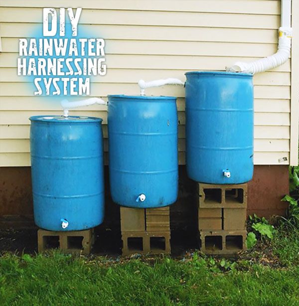 three large blue barrels sitting next to each other in front of a house with the words diy rainwater harnessing system