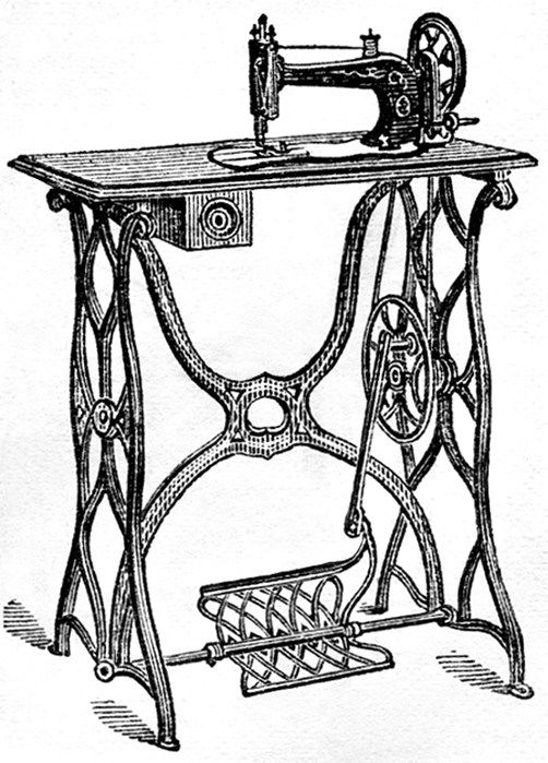 an old sewing machine is shown in black and white, with the foot pedal on it