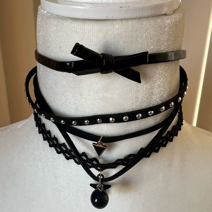 Choker Black 4 Pices 9 Spooky Things, Goth Choker, Ribbon Choker, Choker Black, Silk Jewelry, Choker Jewelry, Collar Chain, Womens Chokers, Pipe Dream