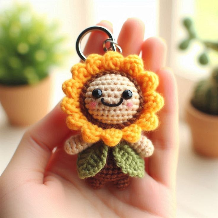 a small crocheted sunflower keychain with a smiling face