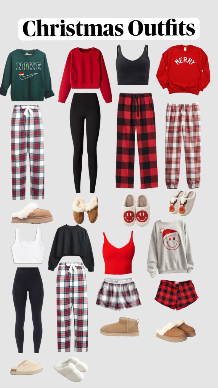 christmas outfits for women in red, black and white checkered pajamas with text overlay