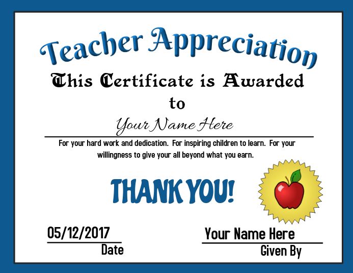 teacher appreciation certificate with an apple and thank you for the teacher's appreciation message