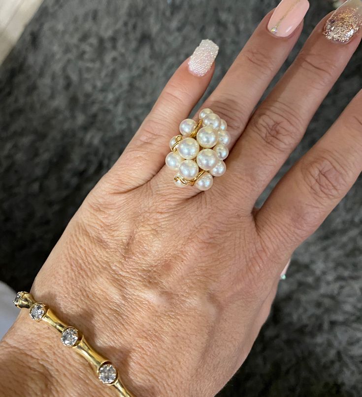 "ESTATE GORGEOUS 14K YELLOW GOLD PEARL STATEMENT CLUSTER RING 8.7 GRAMS REALLY STUNNING! Set in solid 14K yellow gold. Size 6.25 Ring face measures approximately 1 1/4\" x 7/8\" wide! Please message me with any questions Shipped insured/delivery confirmation I guarantee item to be exactly as described and pictured." Party Gold Rings With Pearl, Party Gold Pearl Rings, Gold Pearl Rings For Party, Gold Cluster Pearl Ring For Formal Occasions, Yellow Gold Pearl Ring With High Luster, Formal High Luster Yellow Gold Pearl Ring, Elegant Multi-stone Gold Pearl Ring, Formal Yellow Gold Multi-stone Pearl Ring, Black Opal Pendant