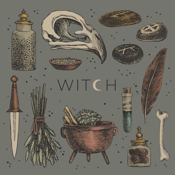 hand drawn set of items from the witch's house, including brooms, caulder, skull, feather and other