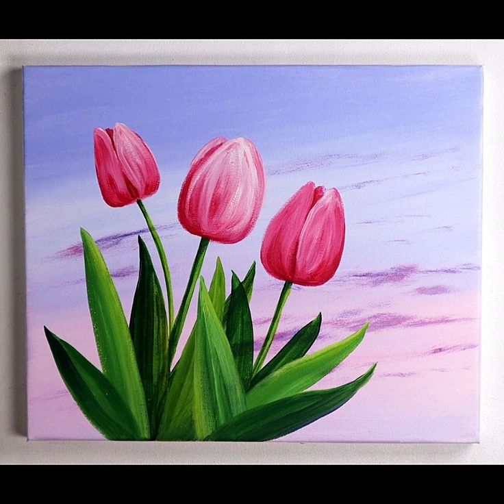 three pink tulips are shown in this painting