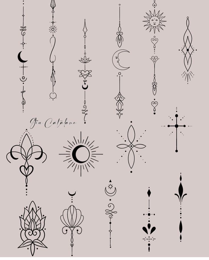 an assortment of different tattoo designs on a gray background with the sun, moon and stars