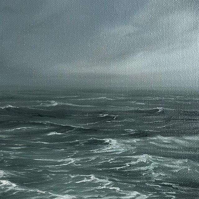 an oil painting of the ocean with waves coming in to shore and dark clouds overhead